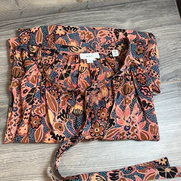 A.L.C. 100% Silk Blouse Size 6 Dark Floral Sheer Career Day to Night Elegant - Picture 10 of 16